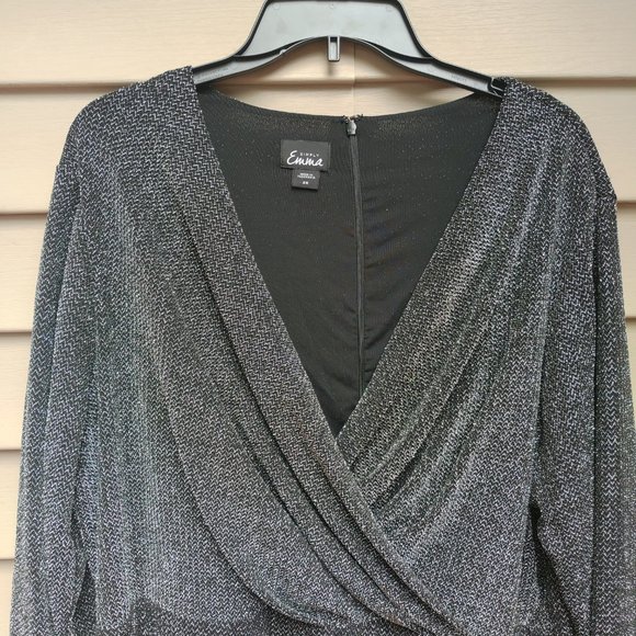 Simply Emma Plus Evening Cocktail Dress Metallic Sparkle Black Silver Wrap - Picture 4 of 12